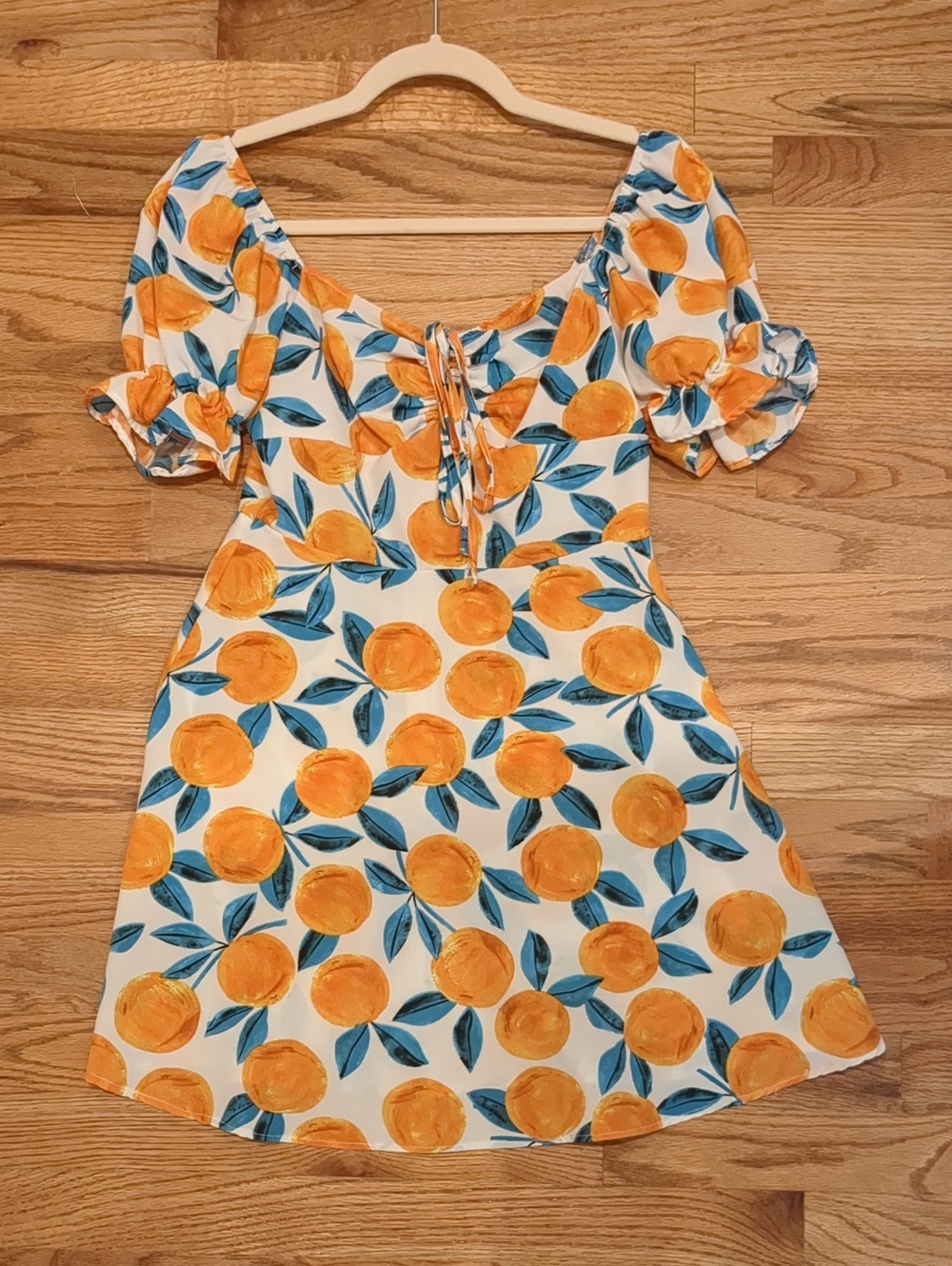 Orange Print Puff-Sleeve Summer Dress